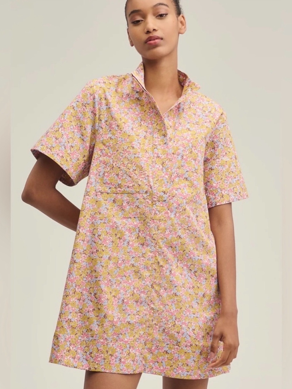 Maeve Pink and Yellow Floral Asymmetrical Shift Dress